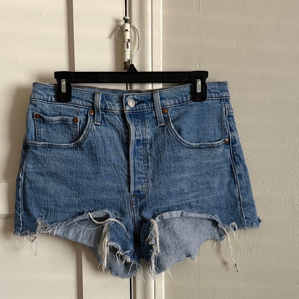 Levi's Light Blue Frayed Denim Cutoff Shorts